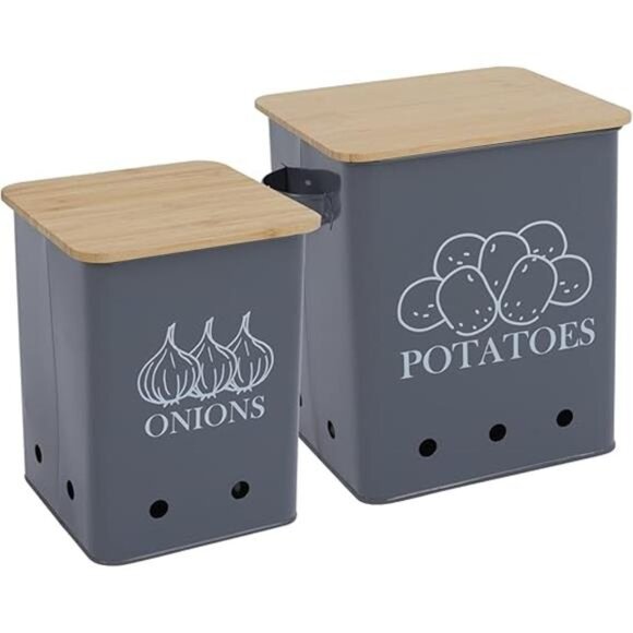 Kitchen Vegetable Storage Tins Set of 2 for Potatoes, Onion, with wooden lid - Picture 7 of 7